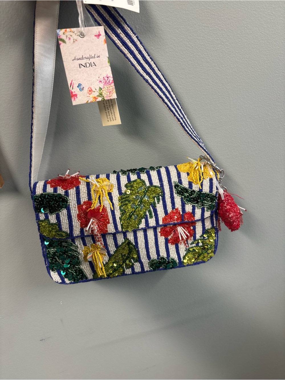 Handcrafted Beaded Floral Shoulder Bag - Blue & White Striped